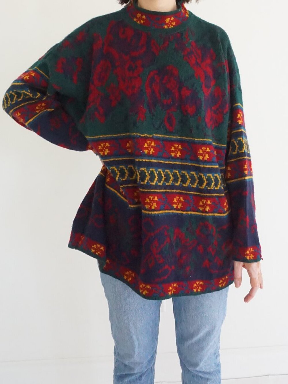 Vintage Goller Bay II USA Green Red Floral Roses Jacquard Geometric Sweater 2X